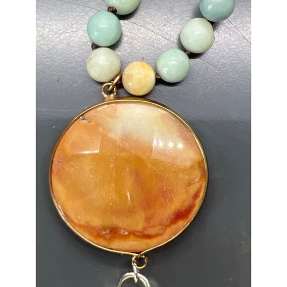 Amazonite Bead Necklace With Agate Pendant & Tan Leather Tassel No Clasp 32" - Picture 2 of 4